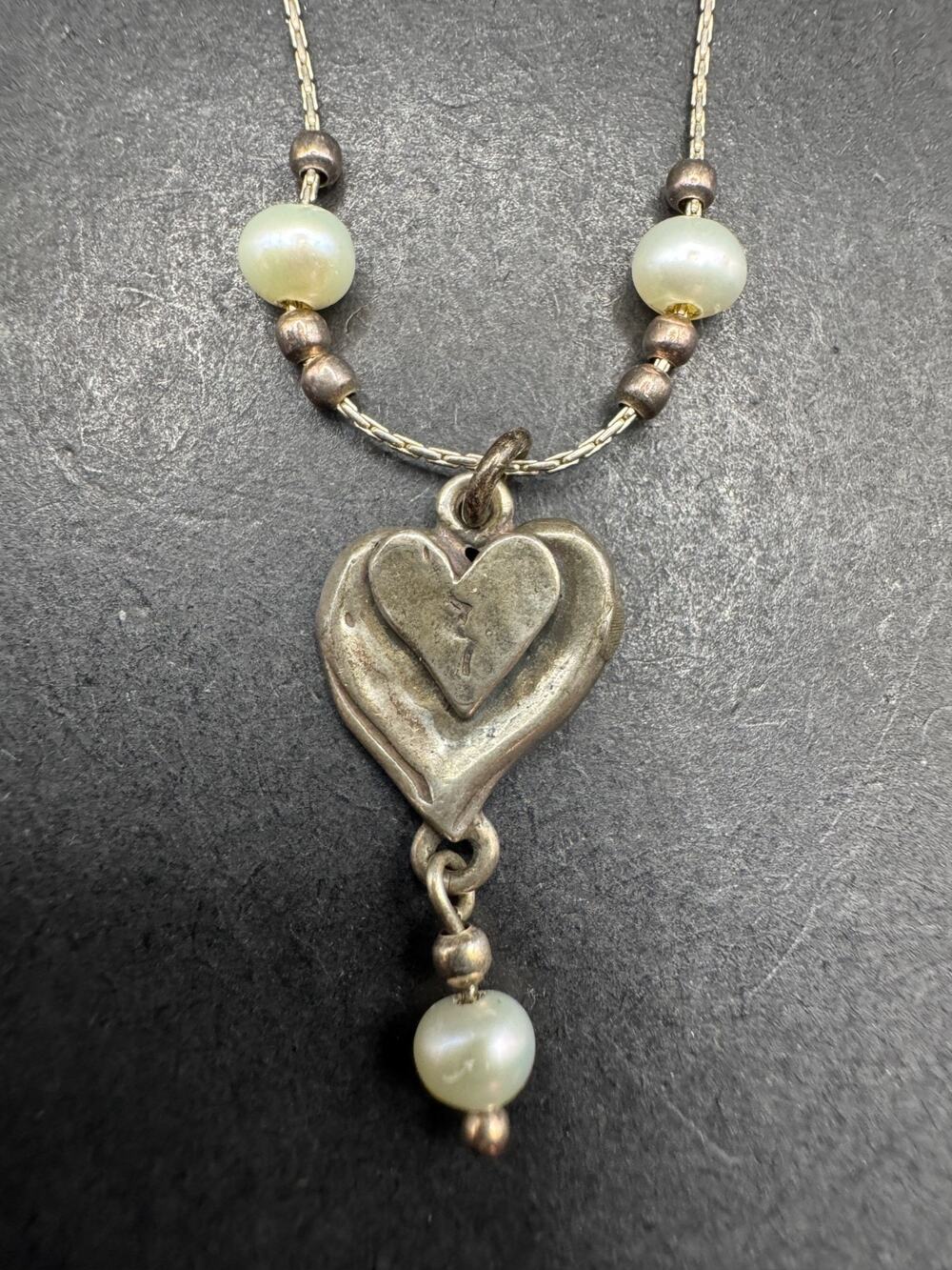 Vintage Sterling Silver 925 Signed Pearl Bead Accent Heart Pendant Necklace